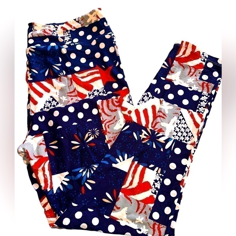 Lularoe TC polka dot patchwork patriotic leggings!. NWOT. Americana fun!
